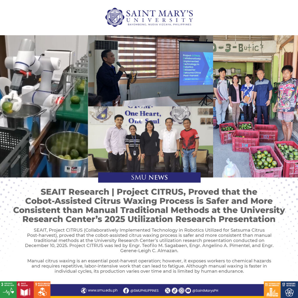 SEAIT Research | Project CITRUS, Proved that the Cobot-Assisted Citrus Waxing Process is Safer and More Consistent than Manual Traditional Methods at the University Research Center’s 2025 Utilization Research Presentation.